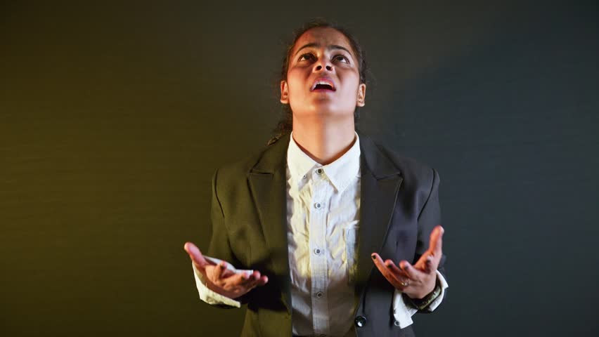 Perplexed Businesswoman in Suit Battles Internal Conflict, Stressed Corporate Lady Faces Decision Crisis, Confused Female Professional Pauses Under Pressure, Woman Leader Stuck into Mental Dilemma