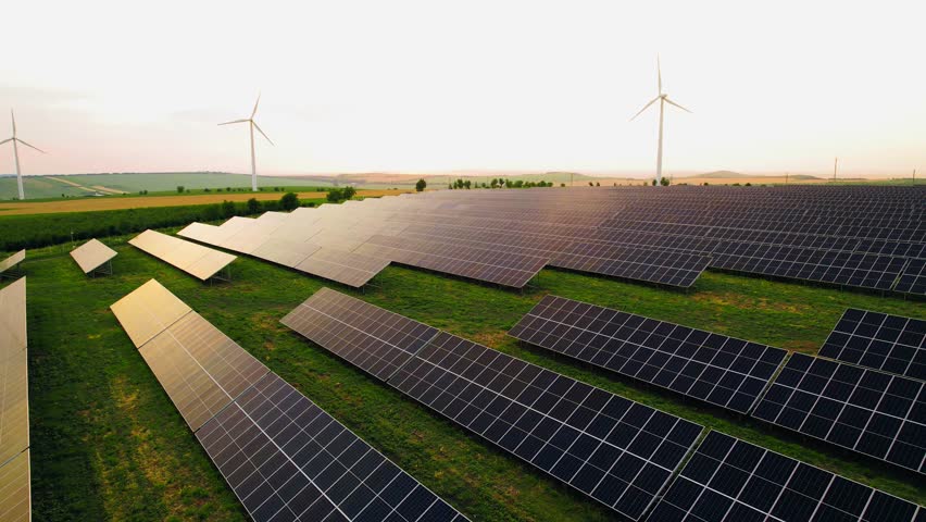Wind turbines generating green energy electric.Solar panels park and wind turbines at sunset.Green energy reduce carbon emissions and makes earth cleaner and more ecological.