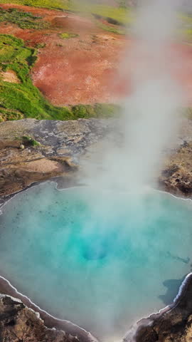 aerial of a vibrant hot spring in its natural setting. Geysir. Iceland