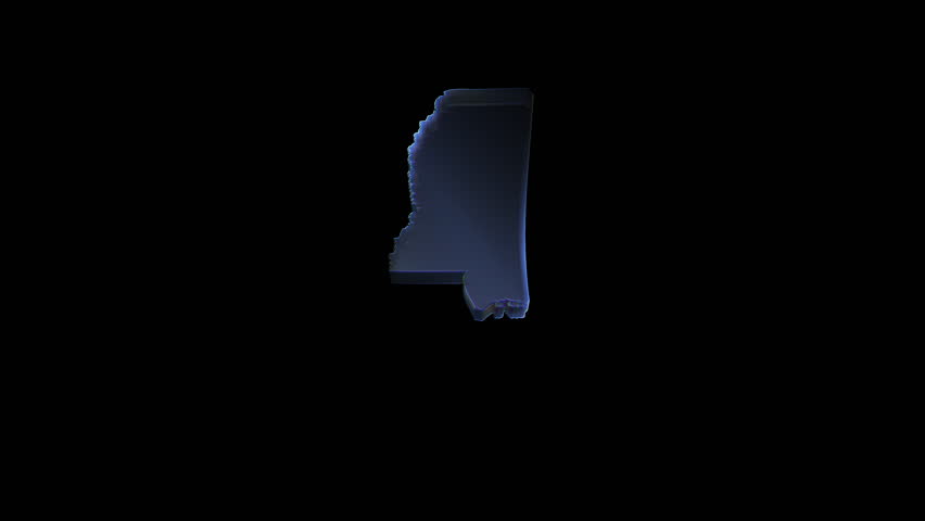 Isometric glowing silhouette of Mississippi state with glossy 3D render on black background, representing digital cartography, modern mapping and US geography