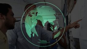 Business team following rotating holographic globe and pointing at sticky notes guiding planning. Collaboration, strategy, innovation, teamwork, brainstorming, modern, technology - Powered by Shutterstock - Get 15% off with code: PIKWIZARD15