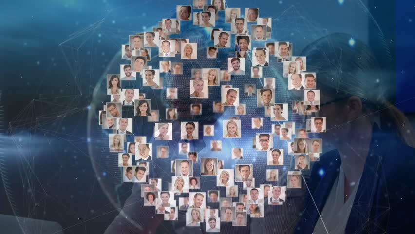 Headshot tiles fading into rotating globe while pulsing data lines showing business network. Technology, connectivity, innovation, digital, global, networking, business - Powered by Shutterstock - Get 15% off with code: PIKWIZARD15