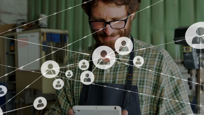 craftsman tapping tablet screen and growing animated user network for workshop tech visualization. Technology, connectivity, digital, innovation, modern, interface, collaboration - Powered by Shutterstock - Get 15% off with code: PIKWIZARD15