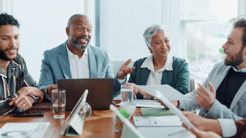 Meeting, documents and business people in office, accounting and feedback for budget report. Group, employees or financial consultant with success, advice and proposal for investment or profit growth