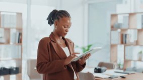 Creative, review or black woman on tablet for startup, post schedule or online update research. Business, app or content strategist on technology for digital marketing trends or social media growth - Powered by Shutterstock - Get 15% off with code: PIKWIZARD15