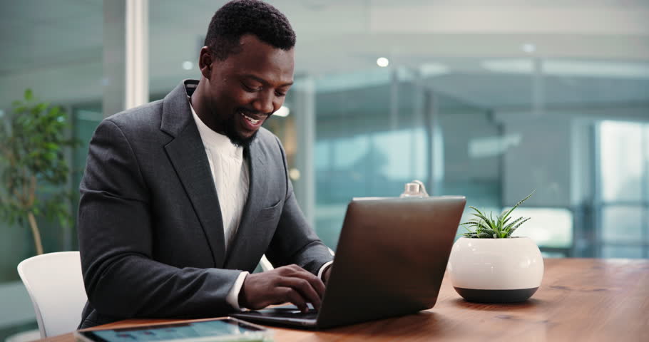 Planning, research and laptop with business black man in office for market forecast, trading and review. Account manager, virtual broker and report with person in agency for revenue and profit