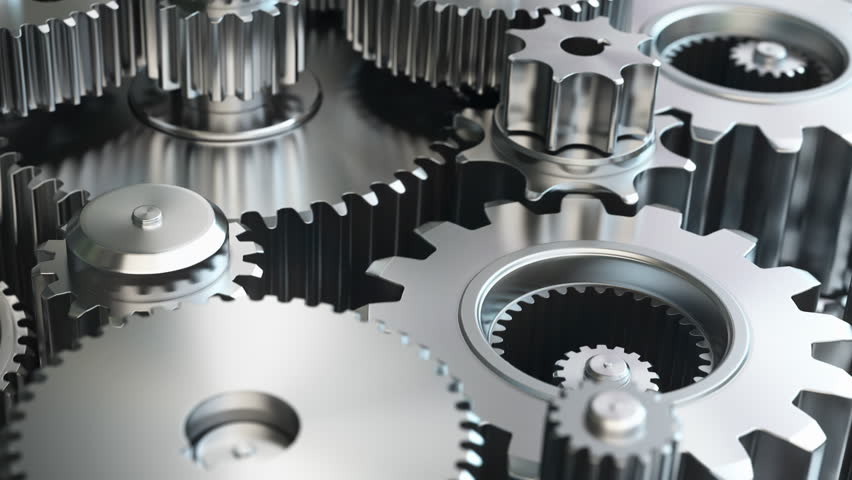 Closeup metal gears in motion. Team, motor transmission and engineering. 3d animation. 3D Illustration