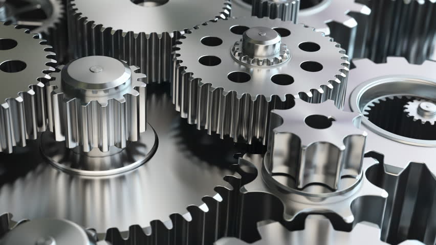 Closeup metal gears in motion. Team, motor transmission and engineering. 3d animation. 3D Illustration