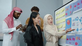Business team working on whiteboard at office, Two female chief analyst holding meeting with two man business showing digital interactive whiteboard with charts, data and statistics at briefing - Powered by Shutterstock - Get 15% off with code: PIKWIZARD15