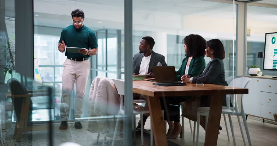 Man, tablet and presentation in boardroom, meeting and discussion with problem solving at company. Person, speaker and team for review, point and application with brainstorming at insurance agency