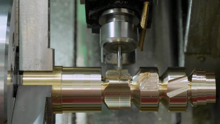 Modern CNC milling machine makes complex brass part, metalworking concept