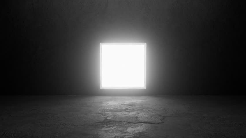 Narrow square window gradually spreading soft light, transforming dark interior space through progressive illumination, revealing transition from shadowy depths toward complete brightness