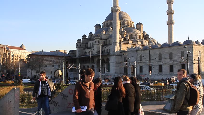 ISTANBUL - MAR 6: Street view in front of Valide Sultan Mosque at Eminonu on