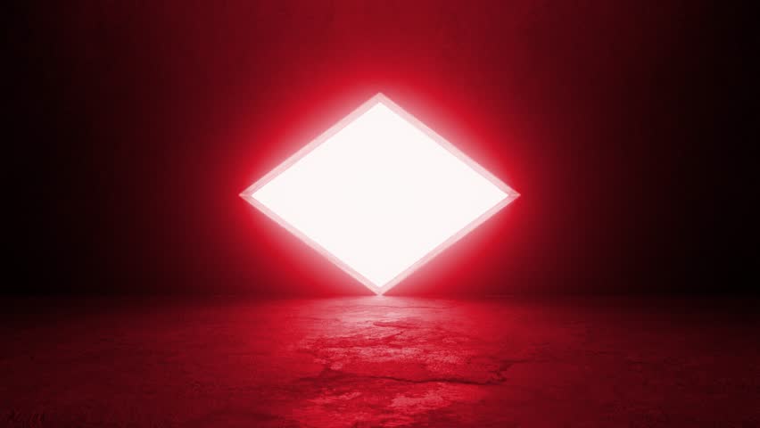 Glowing red neon light illuminates a diamond shaped doorway in a dark room, gradually increasing in brightness until it becomes completely white