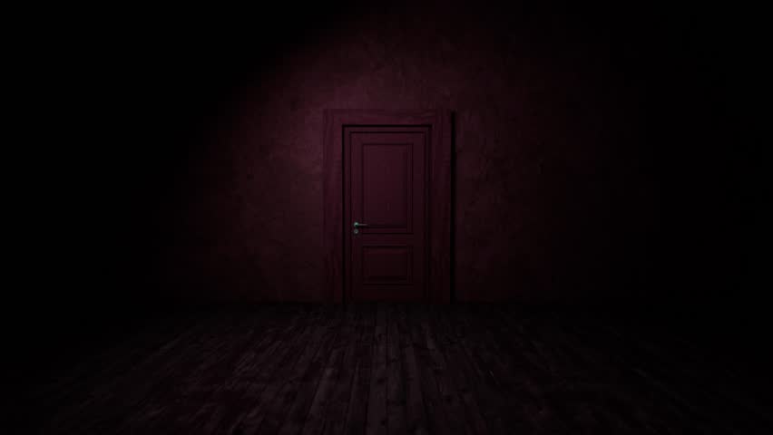 Mysterious dark room revealing vibrant neon light streams pulsing through wooden floor doorway, creating ethereal portal suggesting unknown journey and surreal transformation