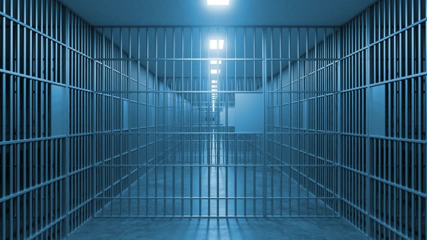 Multiple views of a desolate jail corridor, featuring metal bars, empty cells, and dim lighting create a sense of confinement and isolation