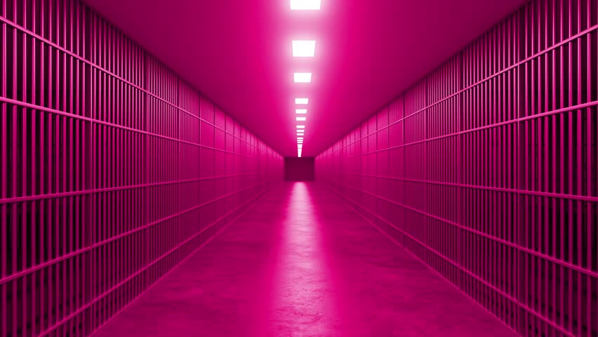 Pink luminescent lighting casting dramatic shadows across long institutional corridor. Metal bars lining narrow passageway with haunting architectural perspective suggesting confinement and isolation