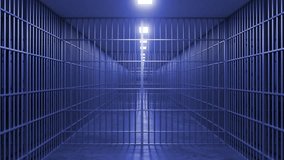 Metal bars of a prison cell door are opening slowly, revealing a long, empty corridor with more cells and dim lighting, creating a sense of confinement and isolation - Powered by Shutterstock - Get 15% off with code: PIKWIZARD15