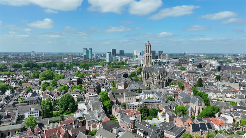Aerial from the historical city Utrecht with the Dom tower in the Netherlands