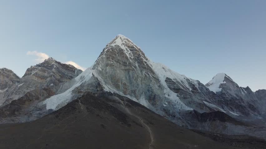 Aerial view of majestic snow-capped peaks in the Himalayas of Nepal, captured during early morning with clear skies