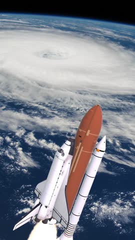 Space Shuttle Launching over earths atmosphere and hurricane.