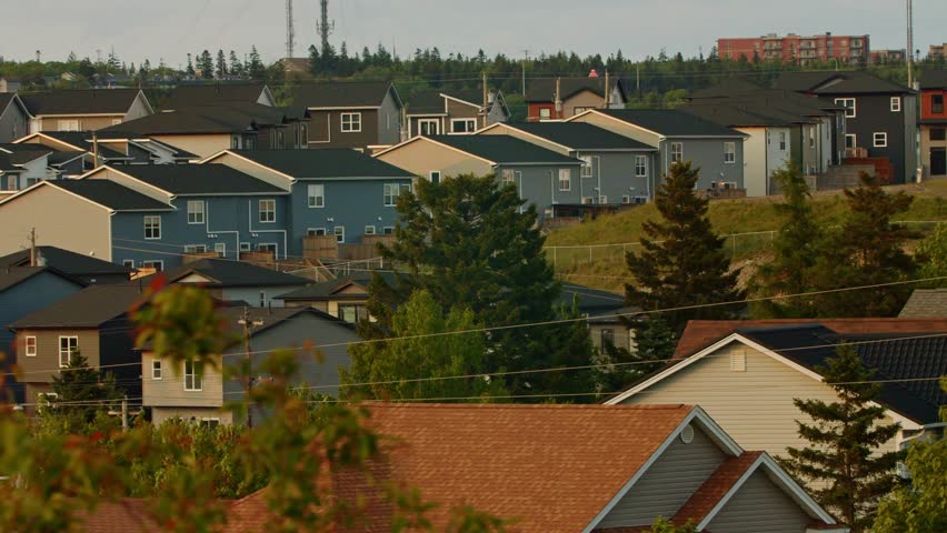 Two-Storey And Three-Storey Residential Houses Represent Real Estate Market In Canada With Options For Sale, Mortgage, Or Family Rentals.