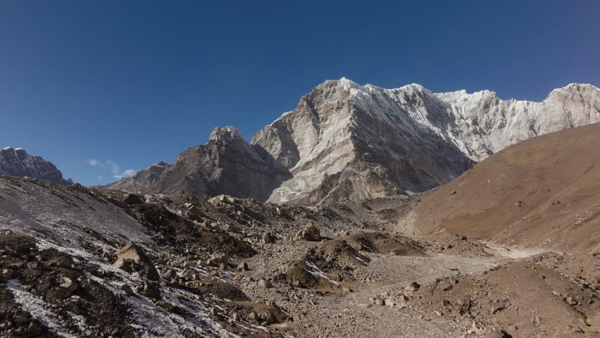 Aerial View of a Glacial Valley in the Himalayas of Nepal, Highlighting Snow-Capped Mountains and Rocky Terrain