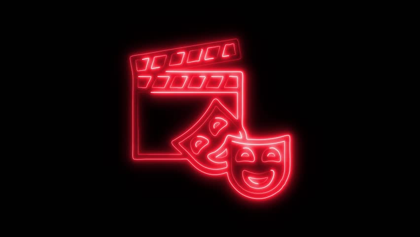 Glowing Cinema Icon and Symbol in HD Video Neon Animation on Black Background