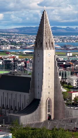Stunning Aerial View of Hallgrmskirkja Church in Reykjavik, Iceland. vertical