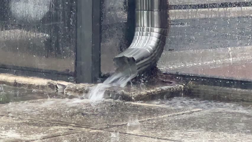 Heavy rainwater gushes from a metal downspout onto concrete during a storm. A dynamic clip showing stormwater runoff, urban drainage, and the intensity of city rainfall.