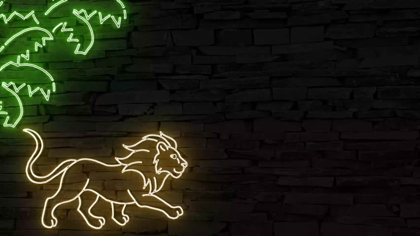 Beautiful king of the jungle, the lion under palm trees illuminated 3d illustration retro neon signs on dark brick wall, 10s 4k video animation, add your own text, use for invitations, special effects