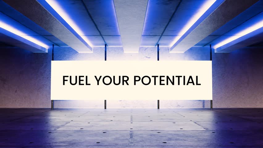 Glowing screen says “Fuel Your Potential” in a blue neon room — great for self-development, coaching, fitness promos, training programs, career growth, and business intros.

