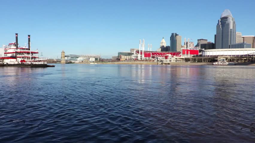 City skyline and paddlewheel boat on the river