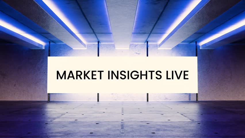 Futuristic neon screen animation with the phrase “Market Insights Live” glowing in a digital sci-fi room. Perfect for financial videos, stock analysis, business news intros, and economic trend content