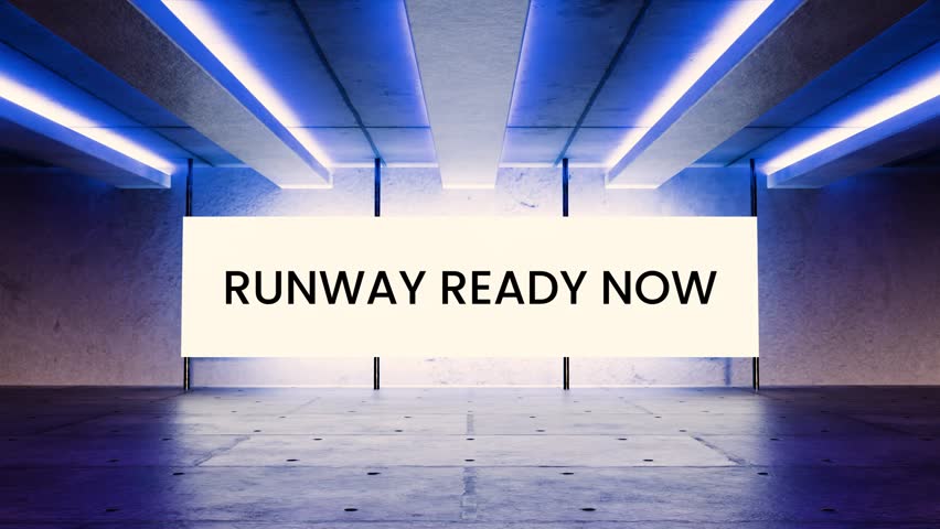 Futuristic neon screen animation with the phrase “Runway Ready Now” glowing in a digital sci-fi room. Perfect for fashion promos, beauty branding, model intros, and modern style content.
