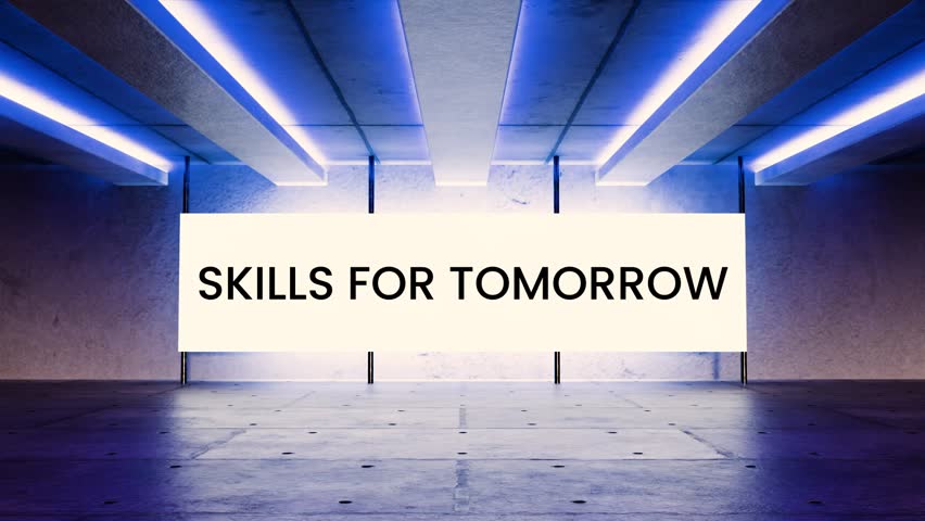 Futuristic neon screen animation with the phrase “Skills for Tomorrow” glowing in a sci-fi room. Perfect for educational content, e-learning promos, career development, and tech learning platforms.

