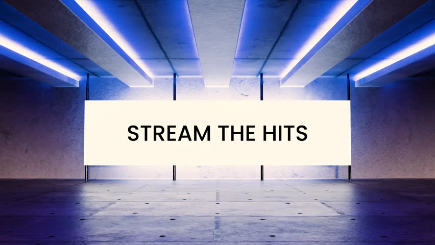 Futuristic neon screen animation with the phrase “Stream the Hits” glowing inside a sci-fi digital room. Perfect for music promos, streaming platforms, DJ visuals, and entertainment content branding.

