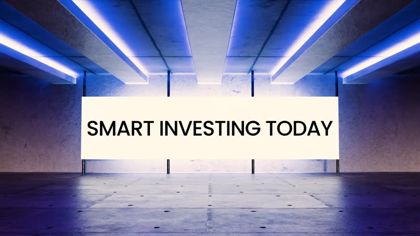 Futuristic neon screen animation with the phrase “Smart Investing Today” glowing in a high-tech sci-fi room. Perfect for finance promos, stock market content, crypto platforms, and investment branding