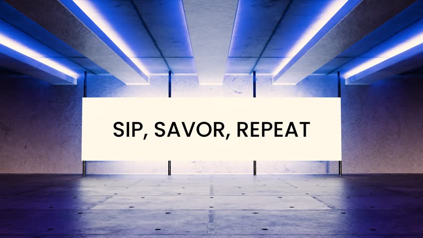 Futuristic neon screen animation with the phrase “Sip, Savor, Repeat” glowing in a sci-fi digital room. Perfect for food and drink promos, wine brands, coffee shops, and lifestyle content.
