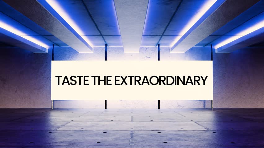 Futuristic neon screen animation featuring the glowing phrase “Taste the Extraordinary” in a digital sci-fi room. Perfect for food branding, gourmet promos, wine ads, and culinary visuals