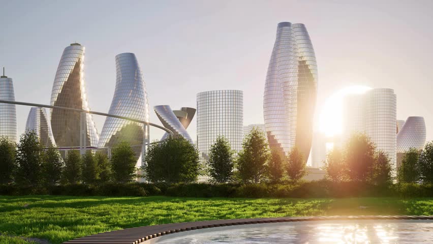 Futuristic aerial cityscape with high-speed maglev train gliding through cyberpunk skyline at sunset, showcasing vibrant architecture, innovative transportation, and visionary urban development.