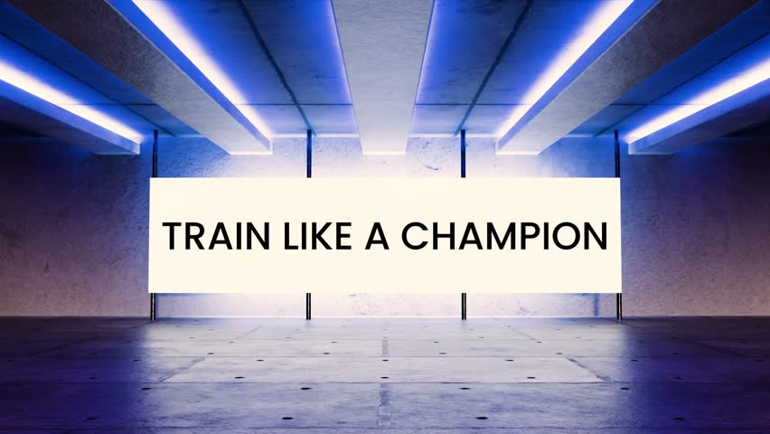 Futuristic neon screen animation with the glowing phrase “Train Like a Champion” inside a sci-fi digital room. Perfect for fitness promos, gym motivation, workout branding, and sports visuals