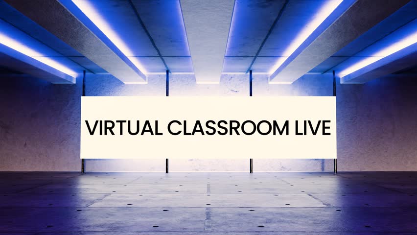 Blue neon screen animation with the phrase “Virtual Classroom Live” inside a futuristic digital room. Perfect for e-learning, online education, remote teaching, and EdTech projects