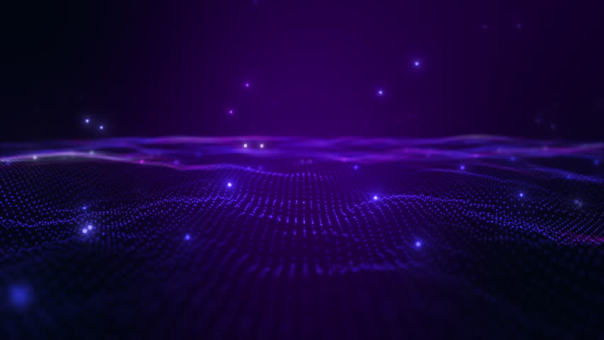 Glowing Digital Particle Landscape – Futuristic Purple and Blue Grid Background.