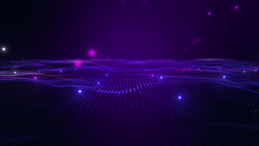 Glowing Digital Particle Landscape – Futuristic Purple and Blue Grid Background.