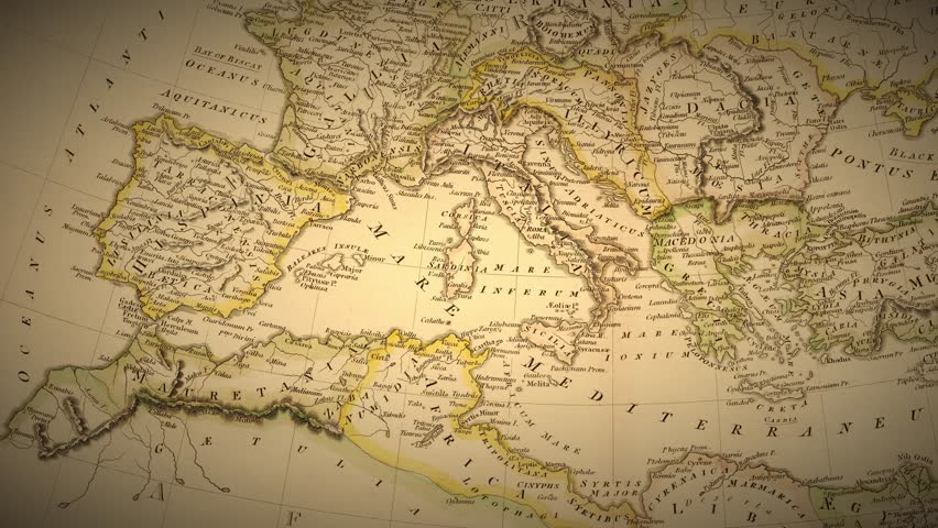 A cinematic pan over a vintage map reveals the vast reach of the Roman Empire—aged parchment, faded borders, and ancient names evoke a world of conquest, legacy, and history.