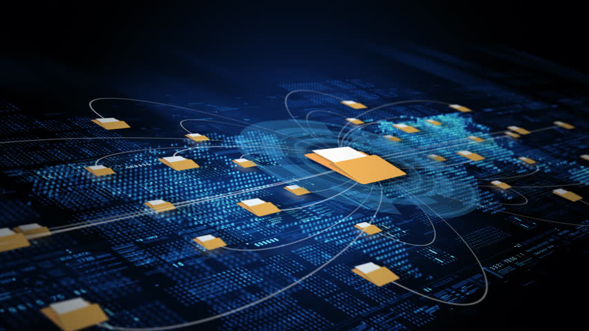 Abstract concept of data file sharing network showing folders connected across a glowing blue digital grid, ideal for storage, cloud, and cybersecurity themes. Big data background concept