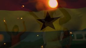 Marketing showing flag fading revealing friends dancing on beach waving sparklers celebrating unity. Festivities, camaraderie, illumination, twilight, celebration, harmony, outdoor - Powered by Shutterstock - Get 15% off with code: PIKWIZARD15