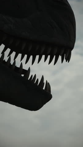 Dinosaur huge mouth with powerful teeth moves, opens and closes in vertical video. Silhouette of Tyrannosaurus rex mouth in backlight with scary predatory fangs against sky.