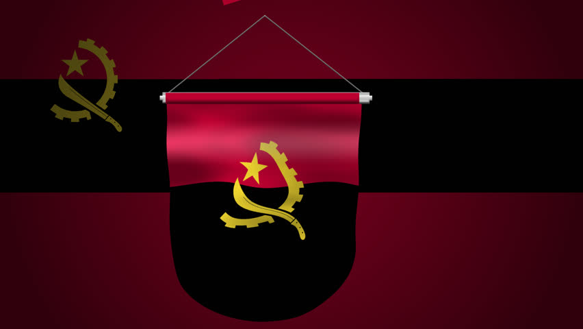 A 3D animated vertical scroll of the national flag of Angola featuring a gear and machete emblem on red and black stripes.